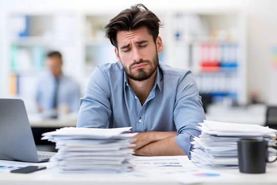 corporate employee feeling mentally exhausted during a busy workday, unfinished reports, laptop, paperwork, demanding office culture, realistic business lifestyle, premium stock image