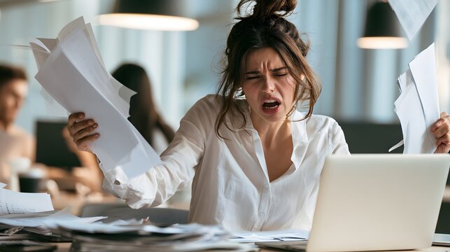 frustrated office professional holding documents while balancing multiple deadlines, financial reports, laptop workspace, teamwork pressure, modern business office, authentic corporate concept