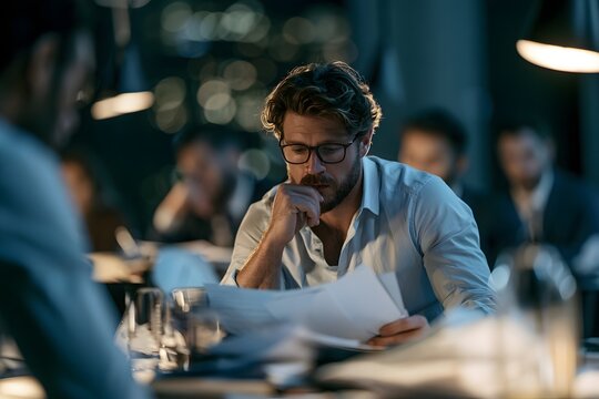 young executive concentrating on important documents despite constant interruptions from coworkers, workplace distraction, productivity challenge, business office, realistic human emotion