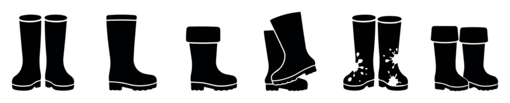 Rubber boots vector collection. Set of isolated waterproof rain boots in different styles, including clean, worn, and splattered versions for outdoor and gardening illustrations