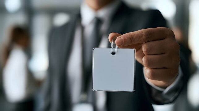 professional holding a blank access badge in a corporate office, employee verification, office security, business authentication, realistic lifestyle photography