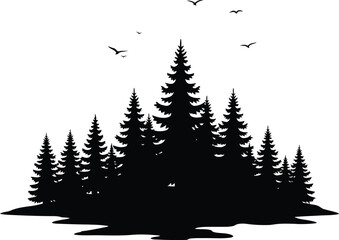 Silhouette of a pine forest with flying birds isolated on white background silhouette landscape coniferous woodland evergreen outdoors © SHIRIN