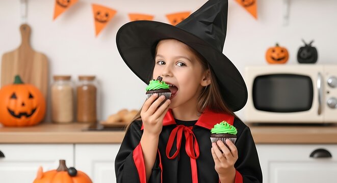 Little girl in witch costume eating cupcake. Child celebrating Halloween in home kitchen.