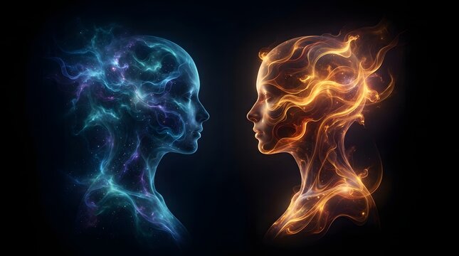 Two human silhouettes facing each other. Fire and ice energy profiles in profile view.