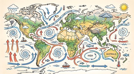 Fototapeta premium Global weather patterns and ocean currents on hand drawn world map