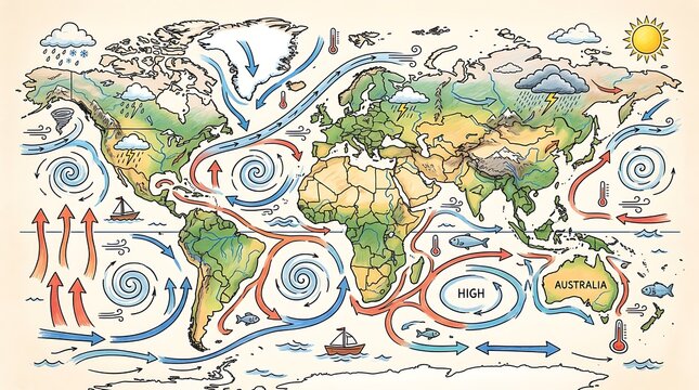 Global weather patterns and ocean currents on hand drawn world map