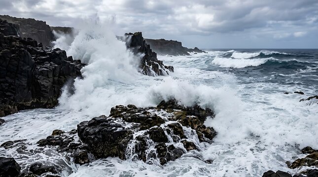 Powerful ocean waves crashing against rocky cliffs.