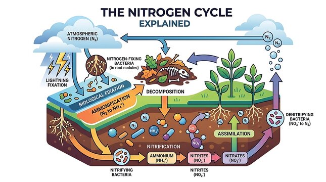 Nitrogen cycle diagram showing fixation and chemical processes