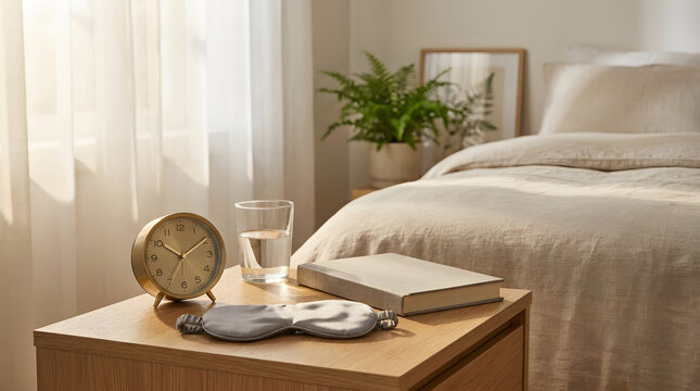 Alarm clock, eye mask, water glass, and book on a bedside table beside a bright bed, showing morning routine and sleep health habits