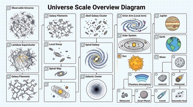 Scale of the universe infographic showing galaxies stars and planets