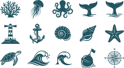 Set of green nautical and sea life icons including whale octopus and lighthouse Vector © MdMihad