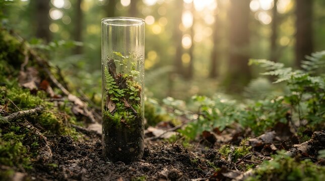 Miniature forest in a glass test tube. Small ecosystem inside a laboratory vial in nature.