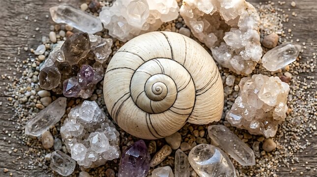 Spiral snail shell surrounded by quartz crystals and amethyst
