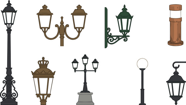 Vintage Street Lamp and Outdoor Lantern Collection with Decorative Lamp Posts Wall Lights and Garden Lighting Vector Illustration