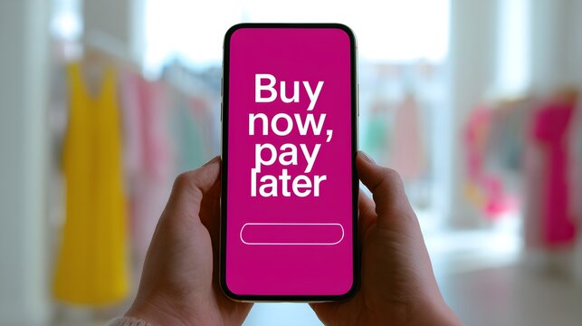 Buy now pay later mobile app interface, smartphone with BNPL payment message, digital credit service in retail store