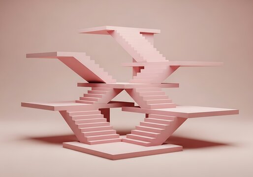 Abstract pink staircase structure. Surreal 3D geometric stairs with impossible architecture.