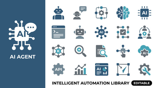 Artificial intelligence agent and intelligent automation icon set