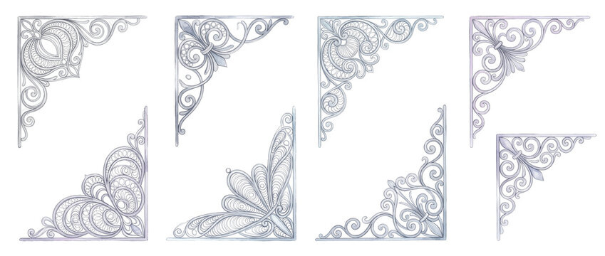 Silver filigree corner frame border set with vintage ornate flourish details isolated on black background for elegant invitation design and luxury wedding crafts antique metallic lace vector element