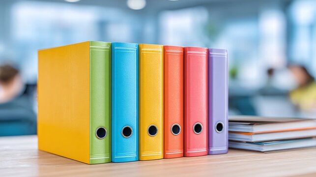 Vibrant and Organized Office Essentials: A Row of Colorful Binders and Documents on a Wooden Desk in a Bright Modern Workplace Environment