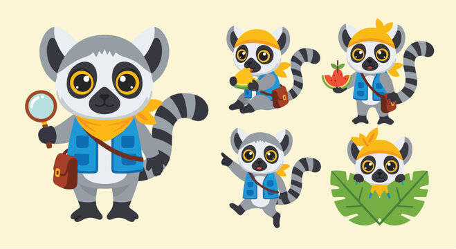 Cute cartoon lemur explorer character collection set.