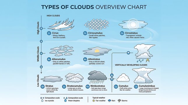 Types of clouds overview chart showing different altitudes and forms