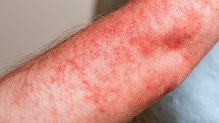 Fototapeta premium Close-up of a human arm showing severe red, inflamed skin rash with visible irritation and small bumps, indicating an allergic reaction or dermatological condition, in a bright, clinical setting