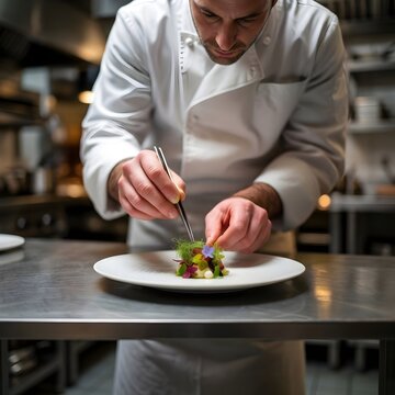 Chef profesional emplatando un plato gourmet con pinzas en la cocina de un restaurante