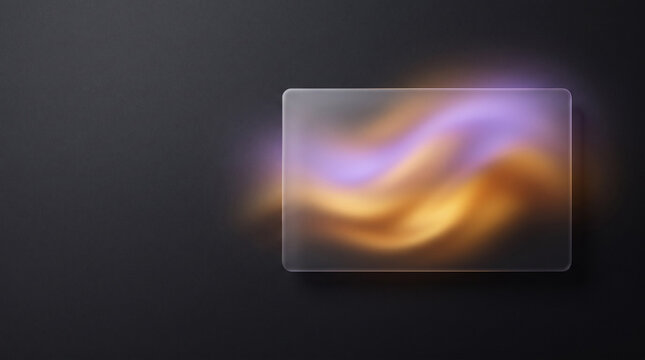 Fondo de presentaci&oacute;n oscuro de alta resoluci&oacute;n, panel de vidrio esmerilado flotante sobre espectro de oro l&iacute;quido y violeta