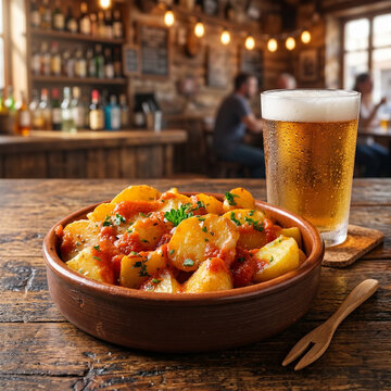 Cazuela de patatas bravas espa&ntilde;olas tradicionales con salsa picante y vaso de cerveza fr&iacute;a en un bar