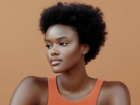 Portrait of a young Black woman with natural afro hair and warm skin tone