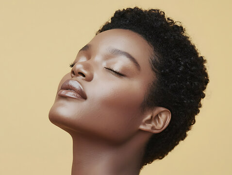 Close up of a beautiful Black woman's face with eyes closed and head tilted back