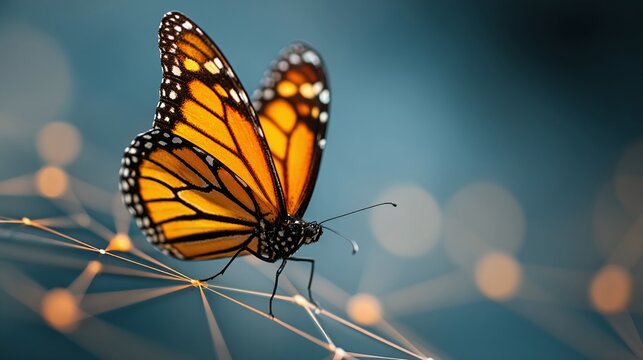 Vibrant Monarch Butterfly (Danaus plexippus) Perched on a Glowing Network of Connected Lines and Bokeh Lights, Illustrating Nature's Connection to Technology and Digital Transformation