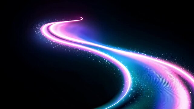 Abstract glowing light trail with pink and blue neon particles on dark background.