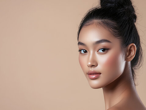 Beautiful young woman with flawless skin and elegant makeup, looking at camera