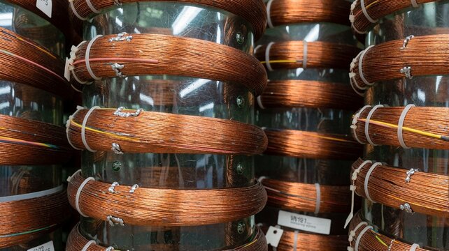 Copper wire coils on glass cylinders in electronics archive storage
