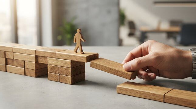 Hand building a bridge for a wooden figure. Concept of business strategy and connection.