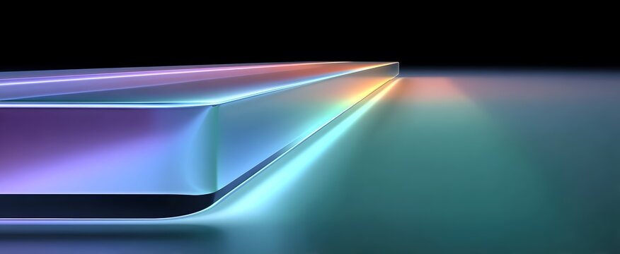 Rendu 3D Minimaliste de Plaques de Verre Transparentes et Lumineuses Align&eacute;es sur Fond Sombre
