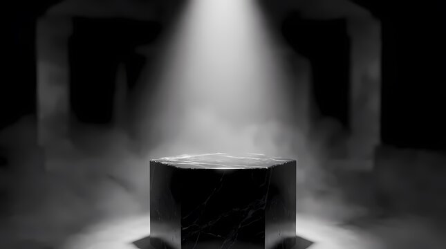 Black hexagonal podium under bright spotlight in misty studio.