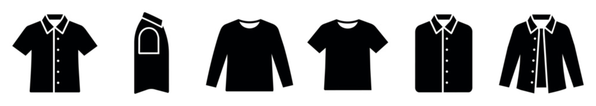 Men's clothing vector icon set including short sleeve shirt, sleeveless vest, long sleeve shirt, short sleeve t-shirt, buttoned shirt, and jacket silhouettes for fashion and apparel design