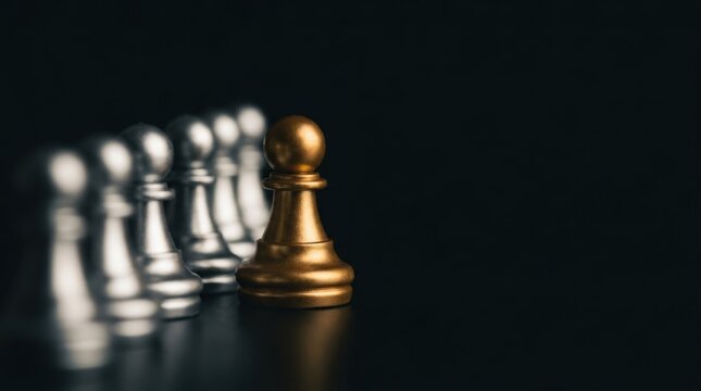A single gold chess pawn standing out from a line of silver pawns