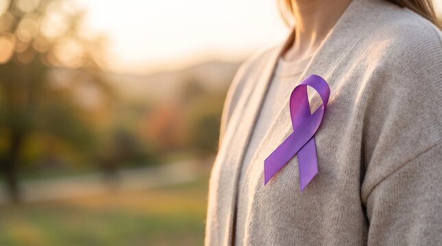 Woman wearing a purple awareness ribbon on her sweater outdoors during sunset symbolizing support and hope
