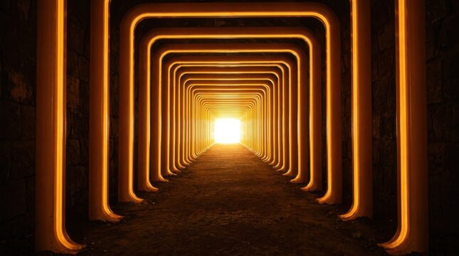 Perspective view of a long dark tunnel with glowing orange neon frames