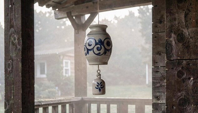 Handcrafted ceramic wind chime hanging on a rustic wooden porch