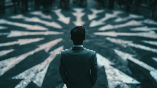 Rear view of a man in a suit facing a complex pattern of arrows on the ground, symbolizing decision, choice, direction, and the challenges of a career path or life's journey