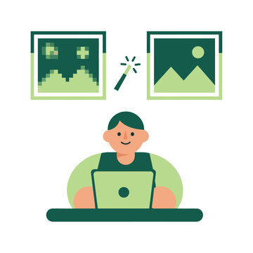 Flat vector illustration of a designer using software to upscale and enhance pixelated images to high resolution.