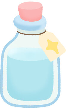 Glass potion bottle with blue liquid and cork stopper vector illustration, magic elixir jar