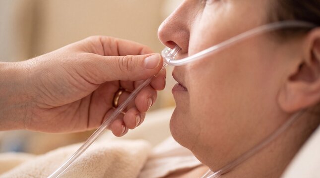 A close-up of a medical adjusting a nasal cannula on a patient, focusing on oxygen therapy, ad social media download thambnail poster web template event festival 2026 2027 2028