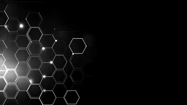 Abstract background with glowing white hexagonal grid pattern on black.