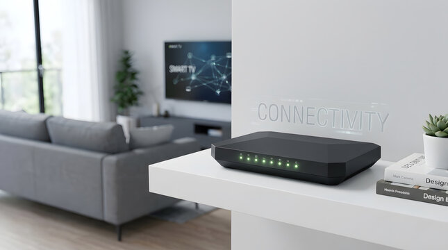Modern Wi Fi Router Placed on a Shelf in a Contemporary Living Room Providing Fast Internet Connectivity