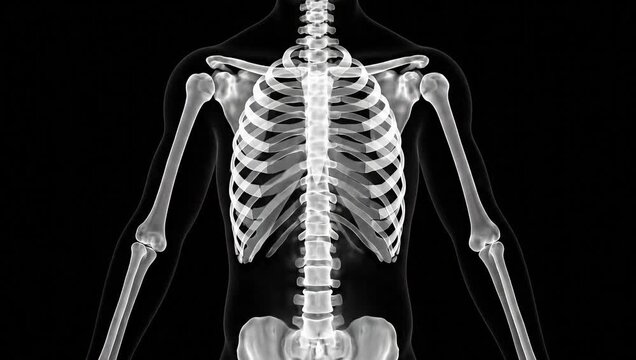 3D Medical Illustration of the Human Pelvic Girdle, Lumbar Spine, Sacrum, and Hip Joints, High-Contrast Monochrome X-Ray Style Anatomical Visualization on a Black Background